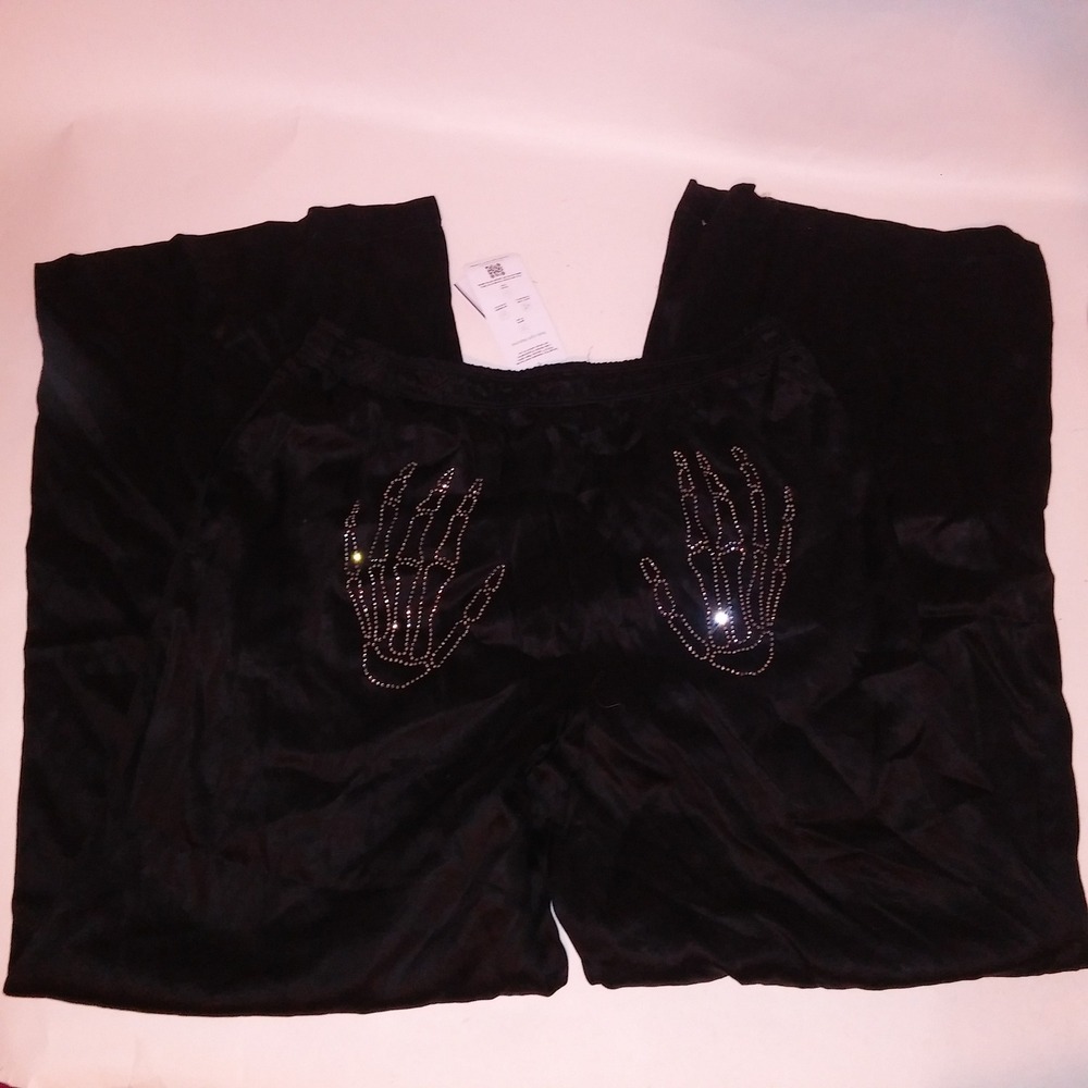 Victoria's Secret PINK Pajama Pants Medium Black Skeleton Hands Rhinestone Bling